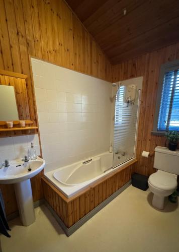 a bathroom with a tub and a toilet and a sink at Fig Tree Lodge in Ellonby