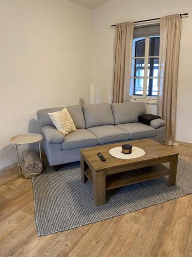 a living room with a couch and a coffee table at Apartmán Na Pavlači in Velký Třebešov