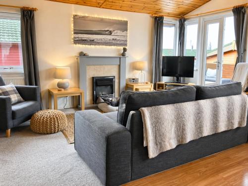 a living room with a couch and a fireplace at Beautiful Lodge Retreat - 3 Bedrooms - Sleeps 6 in West Down