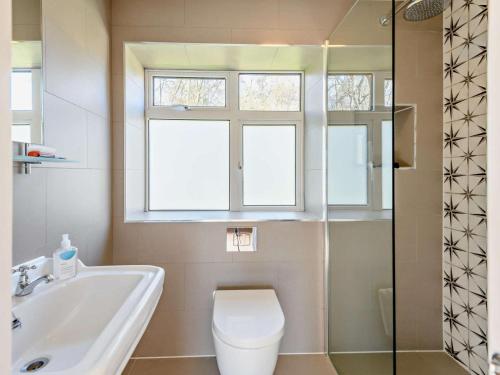 a bathroom with a toilet and a sink and a window at 4 Bed in Wareham oc-dc204 in East Stoke