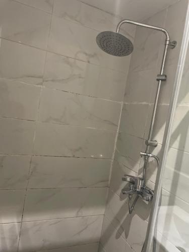 a shower with a shower head in a bathroom at Embassy Gardens Studio Accra in Accra
