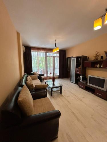 a living room with a black leather couch and a tv at Bosco Dream Neptun-Olimp in Neptun
