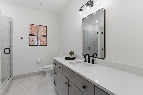 a bathroom with a sink and a toilet and a mirror at The Lofts On Maney – Boutique Loft in Downtown Murfreesboro in Murfreesboro