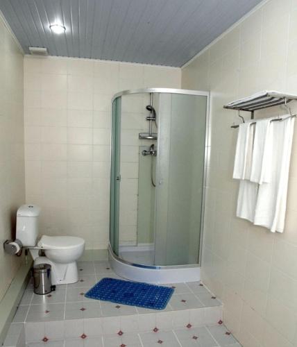 a bathroom with a shower with a toilet and a glass door at Mixt Royal Palace in Samarkand