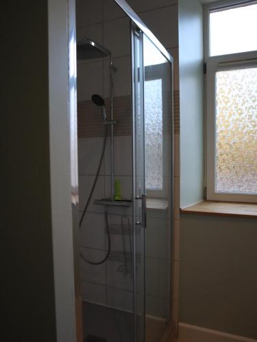 a shower with a glass door and a window at Gîte d'artiste in Sainte-Marie-aux-Mines