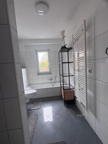 a bathroom with a toilet and a window at Stadttor Quartier Puschkinstrasse 58, Lutherstadt Wittenberg in Lutherstadt Wittenberg