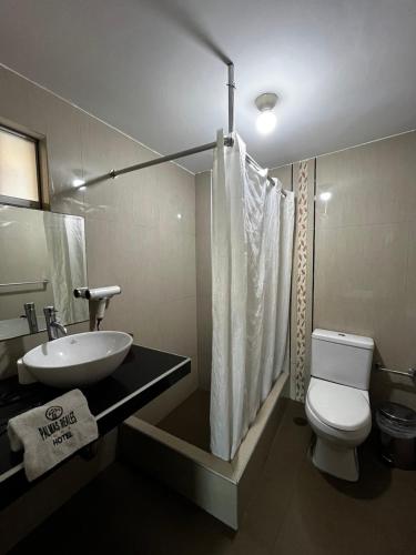 a bathroom with a white sink and a toilet at Hotel Palmas Reales in Trujillo