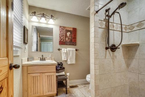 a bathroom with a shower and a sink at Luxe Helen Gem w/Hot Tub + Pool Access in Helen