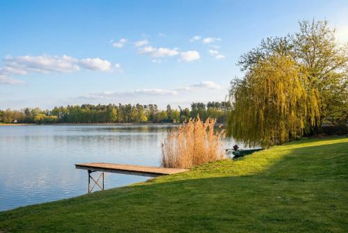 a wooden dock sitting on the side of a lake at Bezdrevská Bašta in České Budějovice