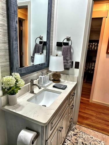a bathroom with a sink and a mirror at Charming Lake Front Home and Pavilion in Milledgeville