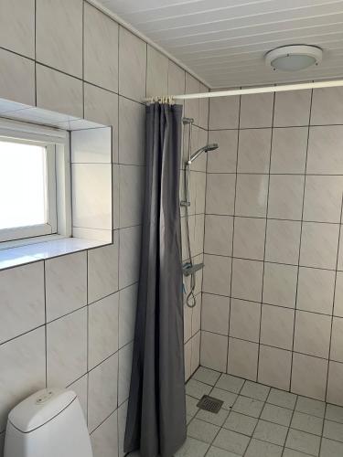 a bathroom with a shower with a toilet and a window at Hotel Færgelunden in Jægerspris