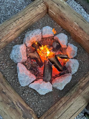 a fire pit with rocks and logs on the ground at Tinaraft camp in Radovljica