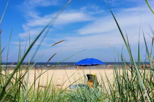 a blue umbrella sitting on a beach with the ocean at AquaGate Jurmala in Jūrmala
