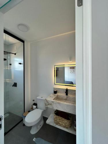 a bathroom with a toilet and a sink and a shower at Apê completo 2 quartos 300m da praia15min Beto Carreiro in Piçarras