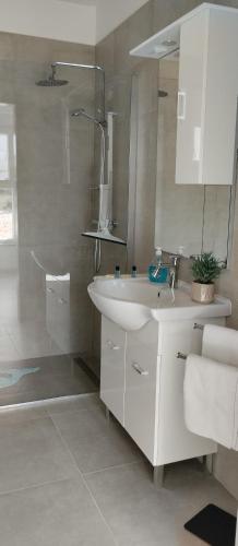 a bathroom with a white sink and a shower at Apartman TUSUM Ražanac in Ražanac