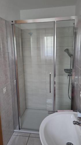 a shower with a glass door next to a sink at A u r o r a Central Room climatizzata vicino FFS in Cadenazzo
