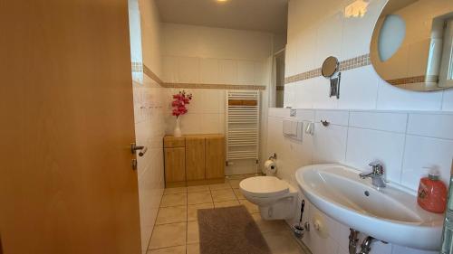 a bathroom with a sink and a toilet and a mirror at Meeresrauschen in Fehmarn