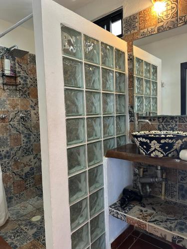 a bathroom with glass block walls and a counter at Kay Apartments Isla Mujeres in Isla Mujeres