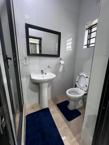 a bathroom with a sink and a toilet and a mirror at Muka Staytel in Ndola