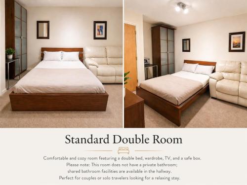 two pictures of a bedroom with a bed and a couch at Stunning City Centre Retreat in Birmingham
