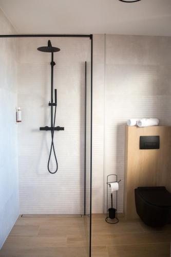 a glass shower door in a bathroom with a toilet at Domek Nad Jeziorem 6 osobowy in Rożnów