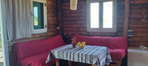a living room with a red couch and a table at Fitalmios in Methana