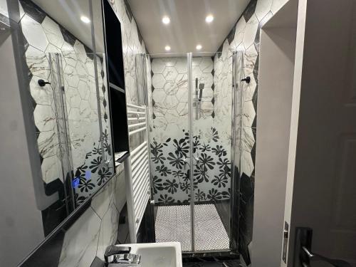 a bathroom with a shower and a sink at LuxInn in Bucharest