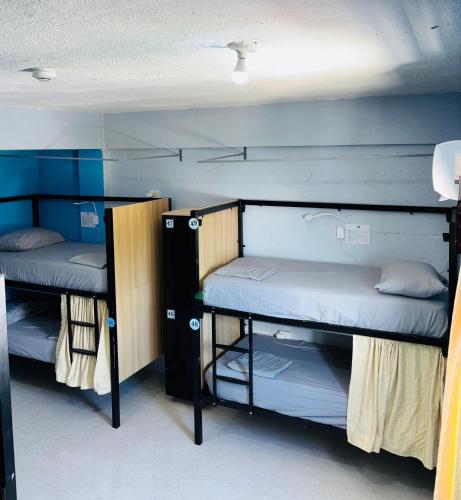 a room with three bunk beds in a room at Caye Caulker Hostel in Belize City