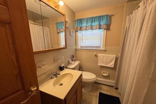 a bathroom with a sink and a toilet and a mirror at Centrally Located, Outdoor Dinning and Game Table in Barnstable
