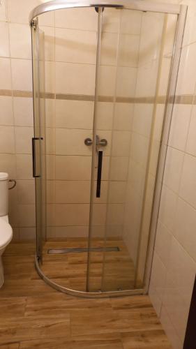 a shower with a glass door in a bathroom at Usługi Hotelarskie Jan in Ząbki