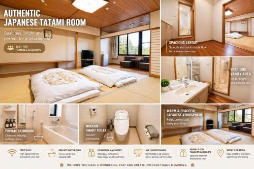 a collage of four pictures of a room at Resort Project Myoko Kogen Hot Spring in Myoko