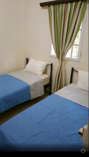 a bedroom with two beds and a window at villa by the sea in Kato Alepochori