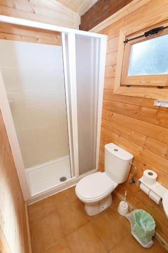 a small bathroom with a toilet and a shower at Camping la Sierrecilla in Humilladero