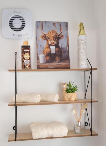 a shelf with a picture of a cow with a drink at Easterly Sleeps in Lowestoft