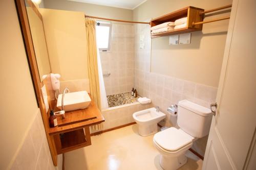 a bathroom with a toilet and a sink at Del Nomade Hosteria Ecologica in Puerto Pirámides