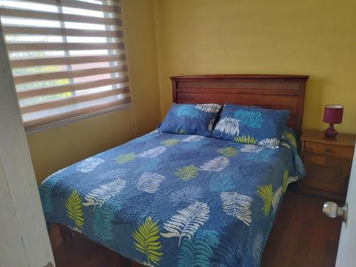 a bedroom with a bed with a blue comforter and a window at Hospedaje LARRAIN in Valparaíso