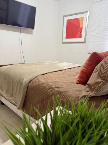 a bedroom with a bed and a flat screen tv at Confortable estancia de 1 a 4 personas in Guamúchil