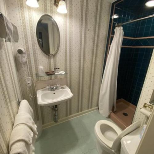 a bathroom with a sink and a toilet and a mirror at Hearthside Inn in Bar Harbor