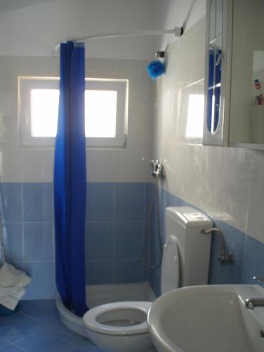 ein Badezimmer mit Toilette und blauem Duschvorhang in der Unterkunft ABC Lešnik in Koper