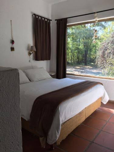 a bedroom with a large bed and a large window at Quita penas in Los Reartes