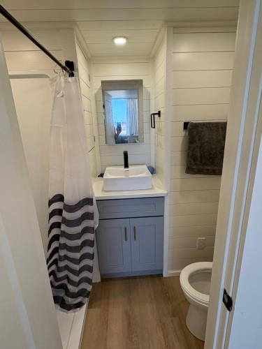 a bathroom with a sink and a toilet at Oceanfront Tiny Retreat in Holden Beach