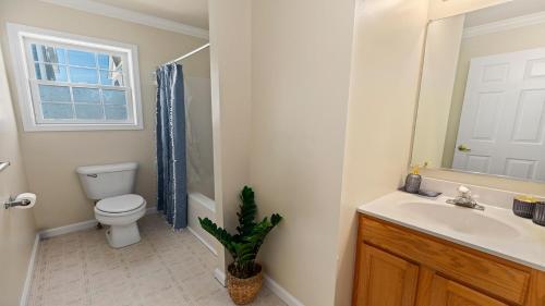 a bathroom with a toilet and a sink and a window at West Cape Estate in West Cape May