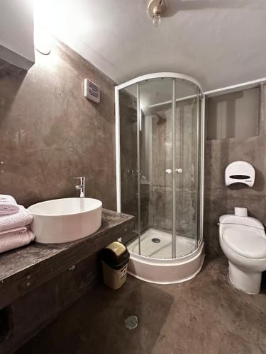a bathroom with a shower and a sink and a toilet at Eco Bunnu Inn Santa Ana in Cusco