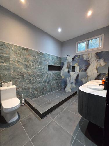 a bathroom with a shower and a toilet and a sink at "Selva maya stay" kitchen and spacious private parking in Flores
