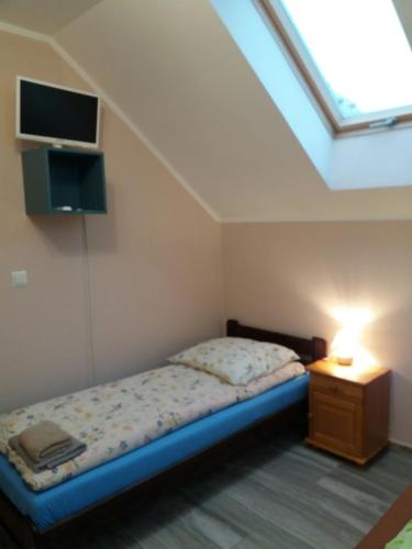 a bedroom with a bed and a tv on the wall at Noclegi Avoca in Pyrzowice