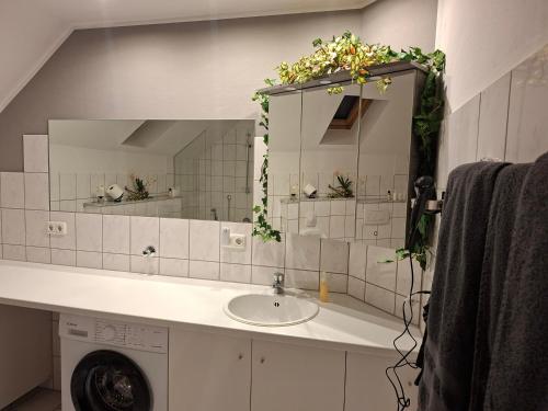 a bathroom with a sink and a mirror at Ferienwohnung im Grünen in Korschenbroich