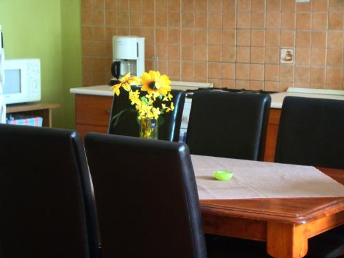a table and chairs with a vase of flowers on it at Tímea Vendégház in Demjén