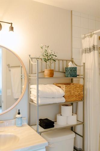 a bathroom with a sink and a toilet and a mirror at Paradise Creek Cottage in Moscow