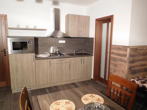 a kitchen with a sink and a microwave at TaTanKa apartments in Batizovce