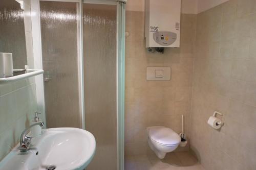 a bathroom with a shower and a sink and a toilet at Kohlstatt Hof Ferienhaus in Verano